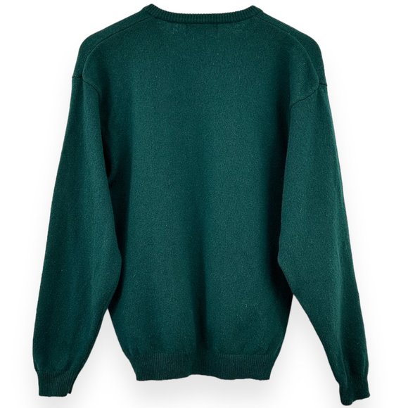 Vintage Eddie Bauer Made in UK Dark Green V-Neck Lambswool Wool Knit Sweater - Picture 2 of 6